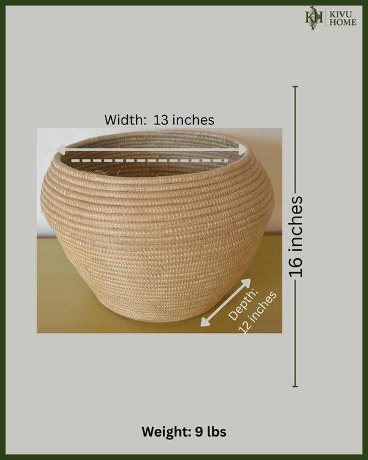 Large Handwoven Coiled Basket – 16" African Sisal Vessel – Natural Boho Decor