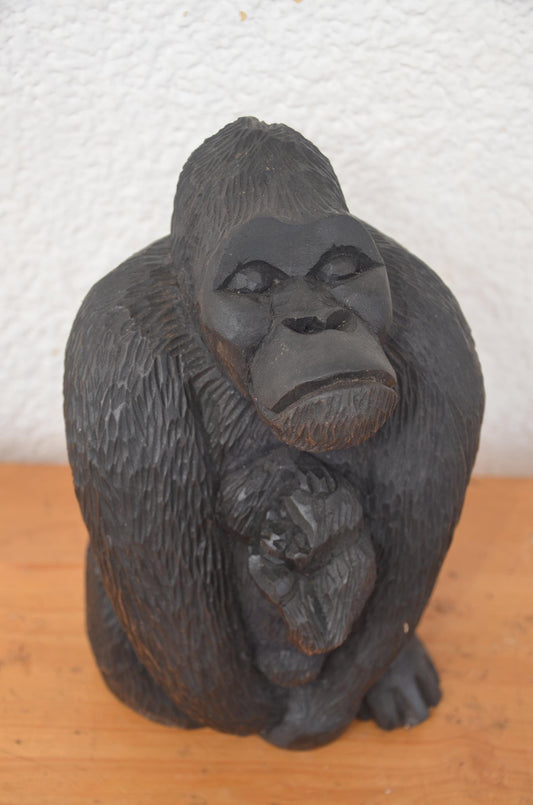 Rwandan Volcano's Gorilla with Baby – 12" Hand-Carved Wood – Mountain Gorilla Art