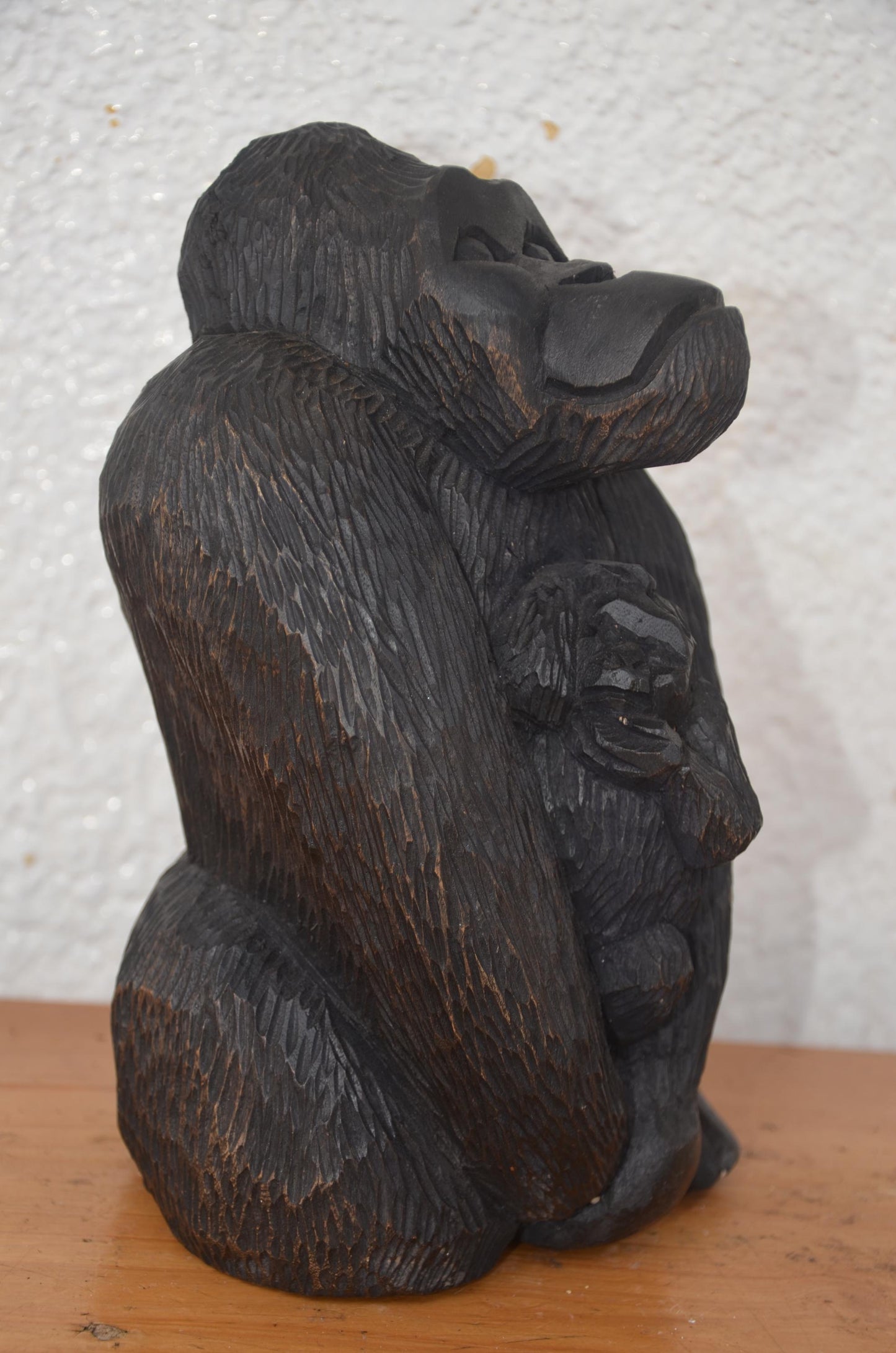 Rwandan Volcano's Gorilla with Baby – 12" Hand-Carved Wood – Mountain Gorilla Art