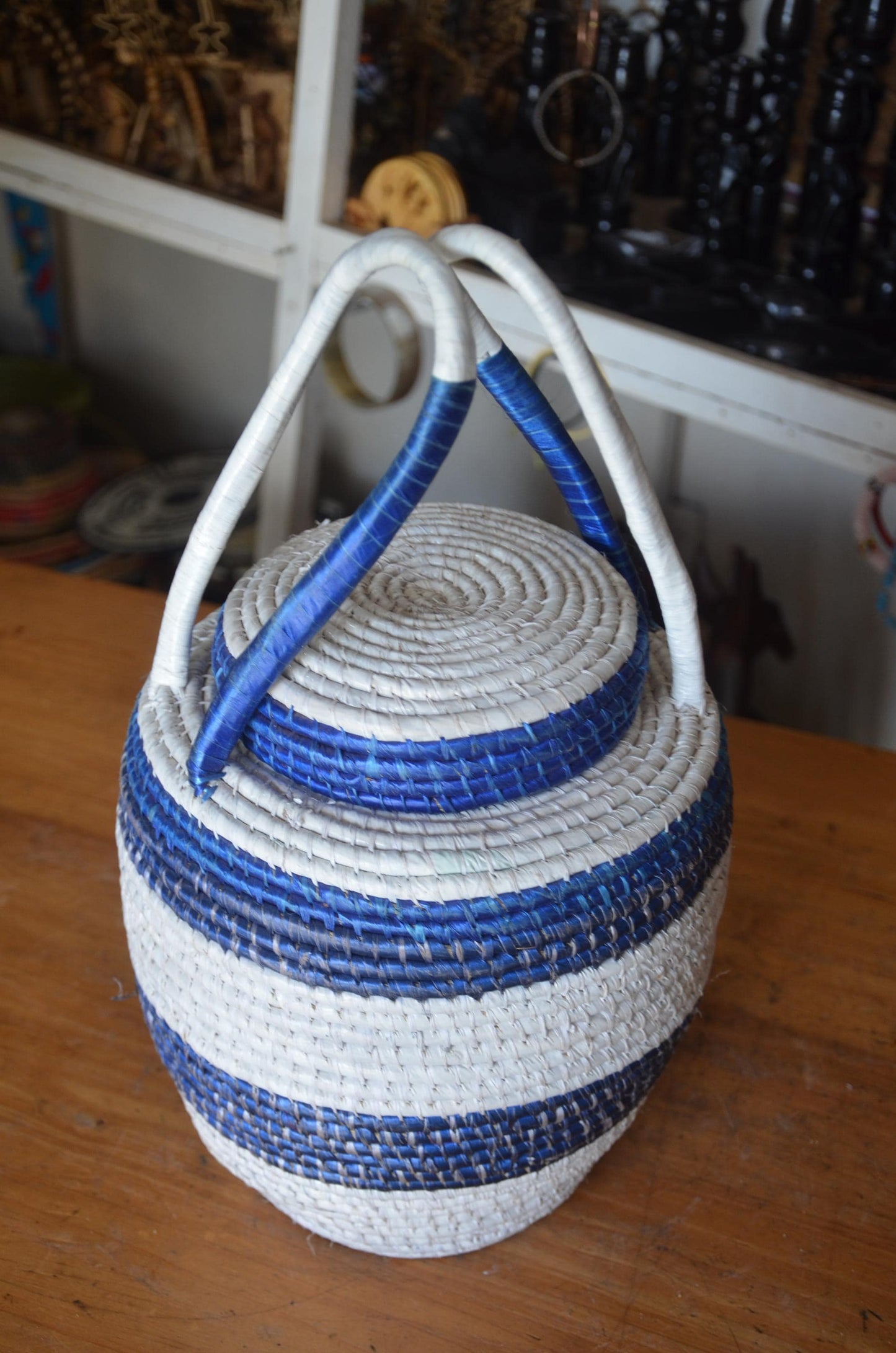 Handwoven Agaseke Peace Basket – 24" Blue & White Rwandan Storage Basket with Lid