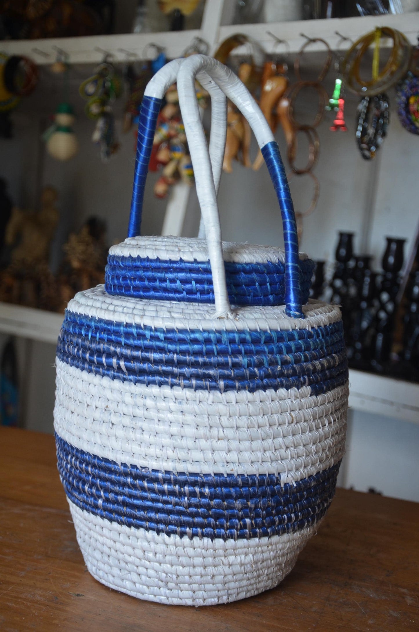 Handwoven Agaseke Peace Basket – 24" Blue & White Rwandan Storage Basket with Lid