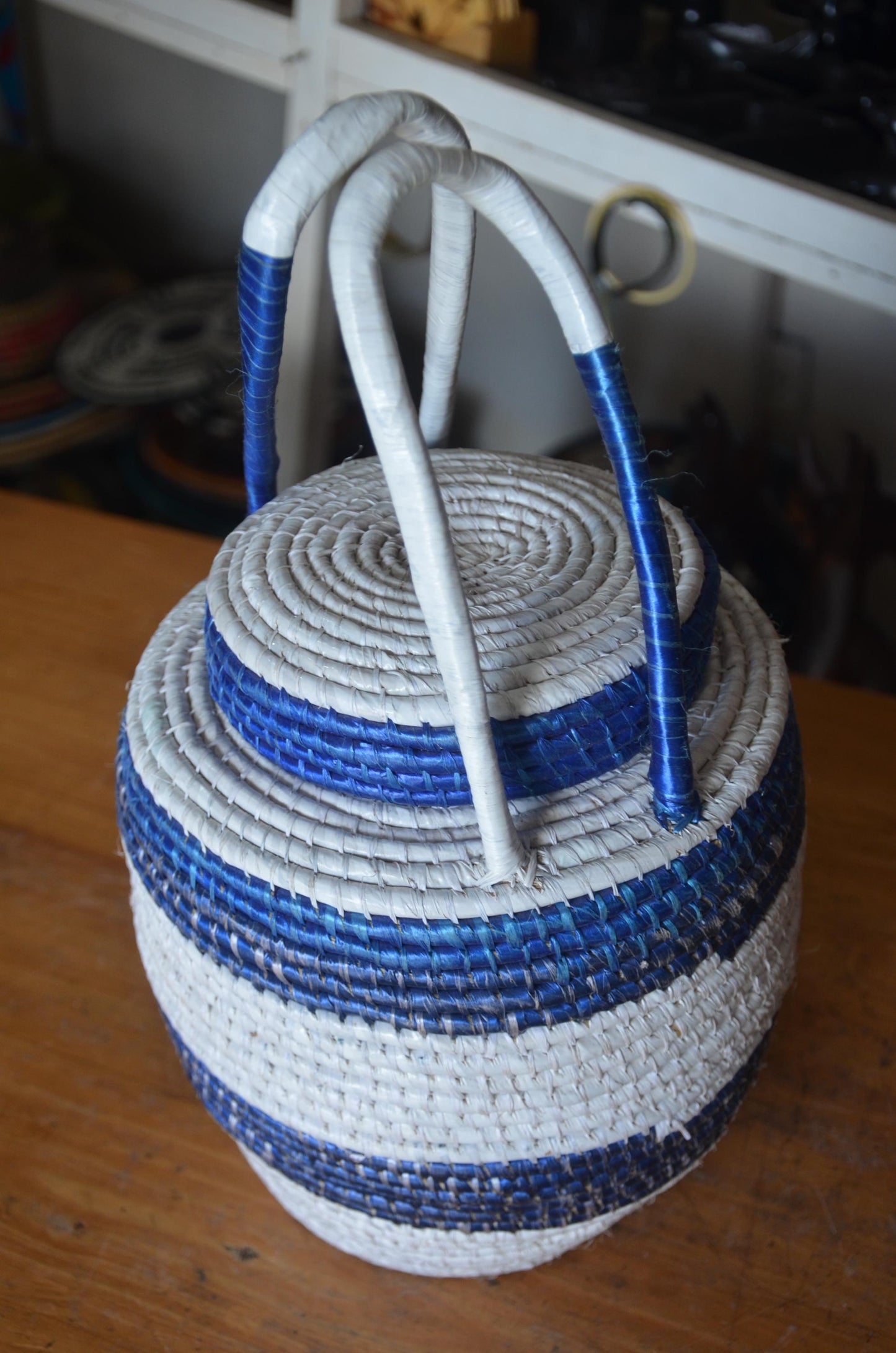 Handwoven Agaseke Peace Basket – 24" Blue & White Rwandan Storage Basket with Lid