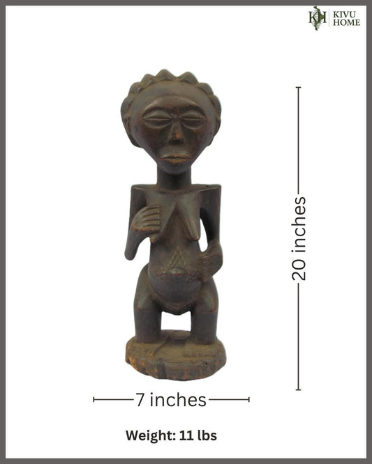 Vintage Luba Female Figure – 20" Congo Wood Statue – African Motherhood Art