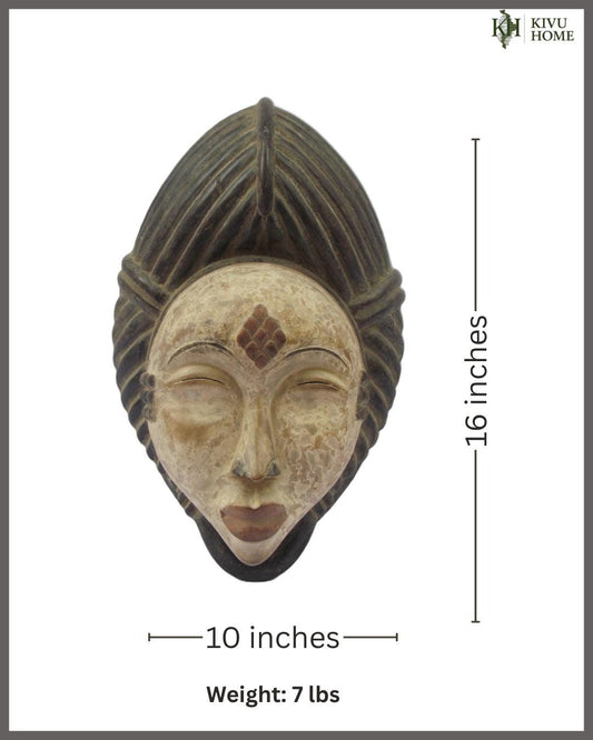 Bapunu White Face Mask – 16" Gabon Tribal Wall Art – Hand Carved Punu Wood Mask