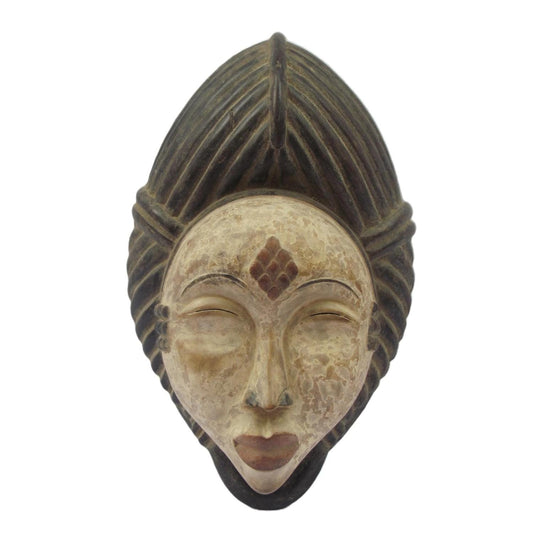 Bapunu White Face Mask – 16" Gabon Tribal Wall Art – Hand Carved Punu Wood Mask