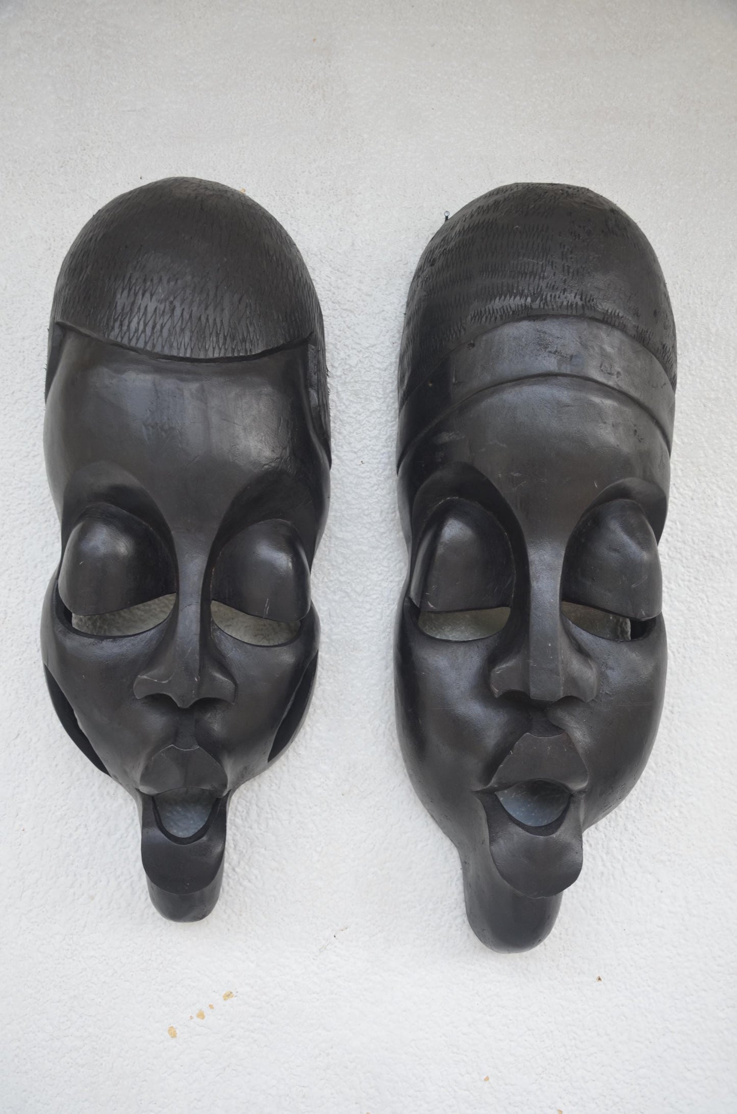 Kinigamazi Mask Pair – 22" Rwanda Wood Wall Art – African Black Face Mask Decor