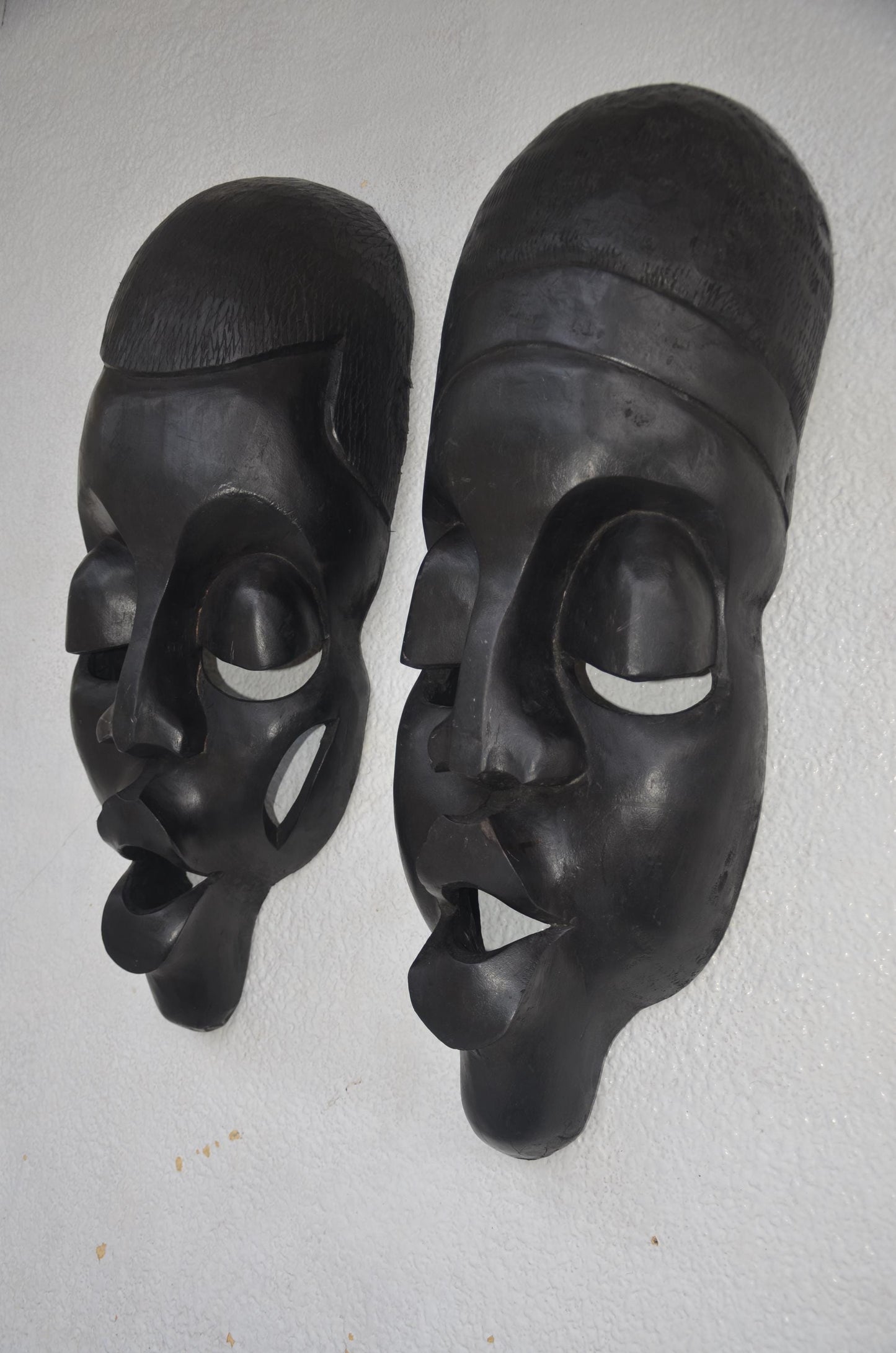 Kinigamazi Mask Pair – 22" Rwanda Wood Wall Art – African Black Face Mask Decor