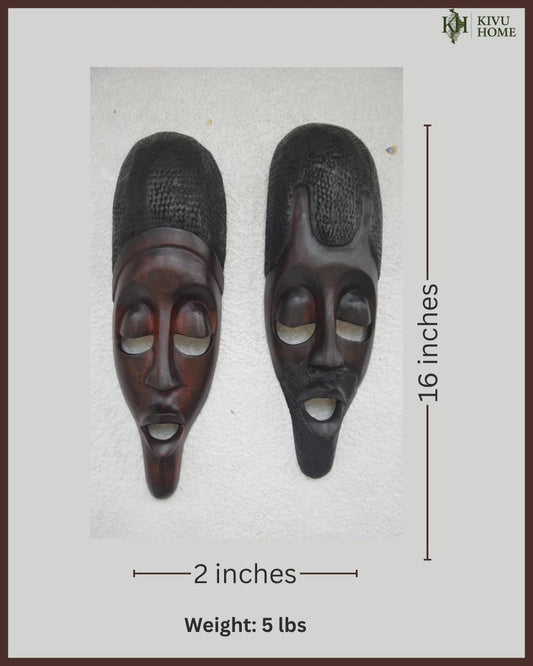 Basindi Mask Pair – 16" Rwanda Wood Wall Art – African Couple Face Mask Set