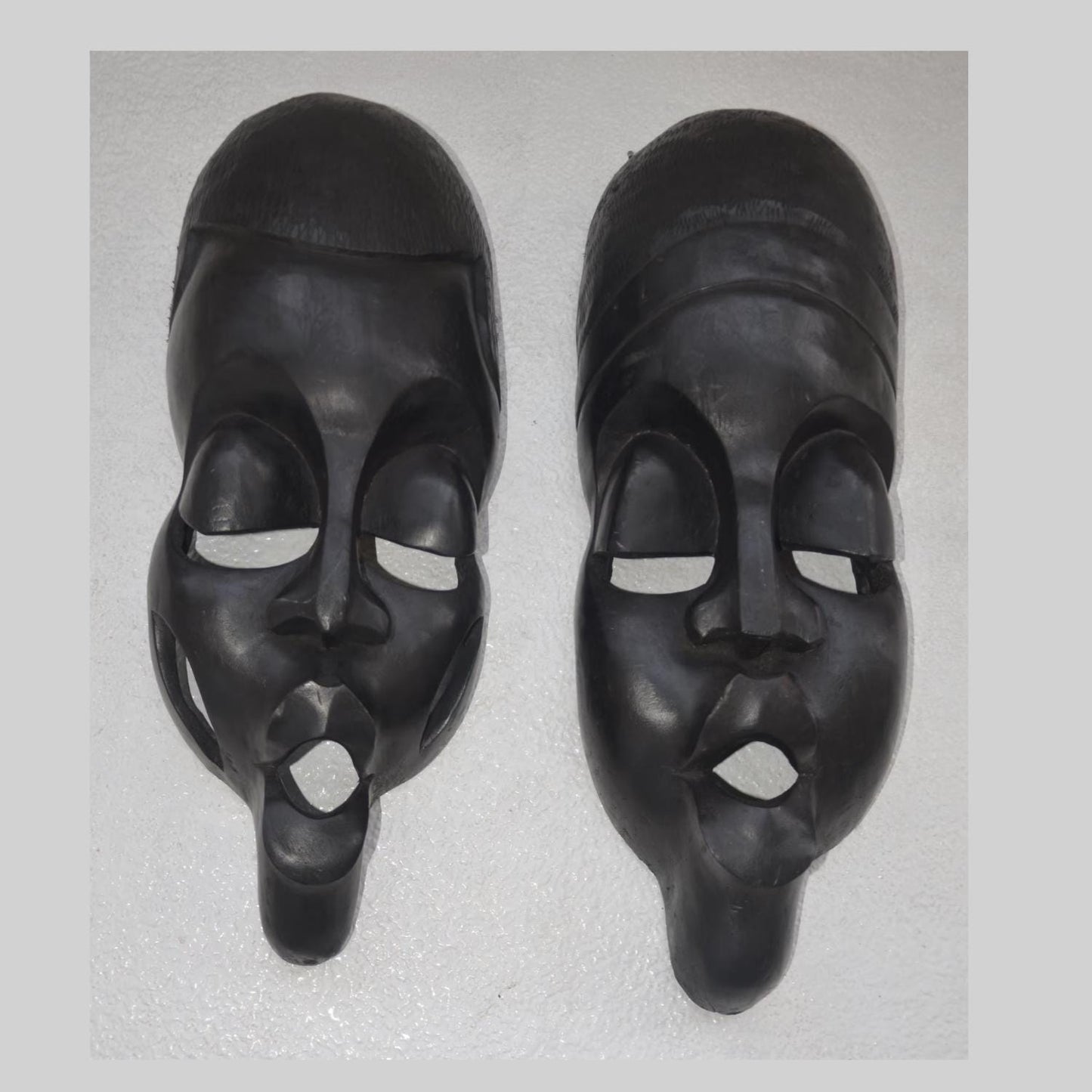 Kinigamazi Mask Pair – 22" Rwanda Wood Wall Art – African Black Face Mask Decor