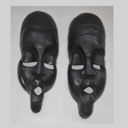 Kinigamazi Mask Pair – 22" Rwanda Wood Wall Art – African Black Face Mask Decor