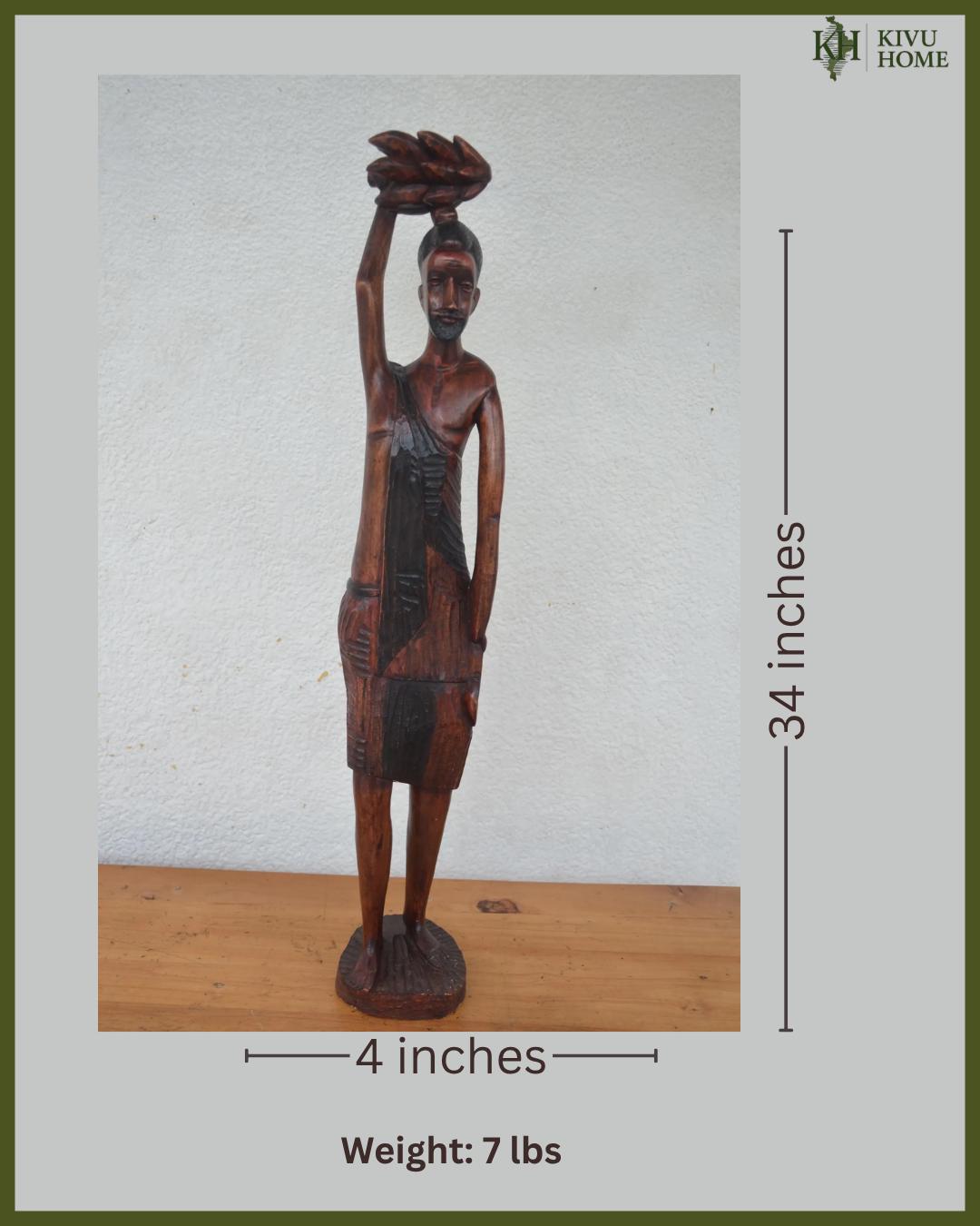 Hand Carved Basinga Worker – 34" African Wood Sculpture – Male Harvest Figure