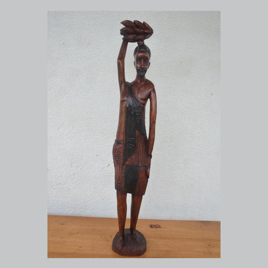 Hand Carved Basinga Worker – 34" African Wood Sculpture – Male Harvest Figure