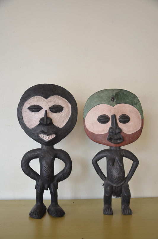 Ashanti Fertility Figures Pair – 27" Hand-Carved Wood – Ghana Akua'ba Art