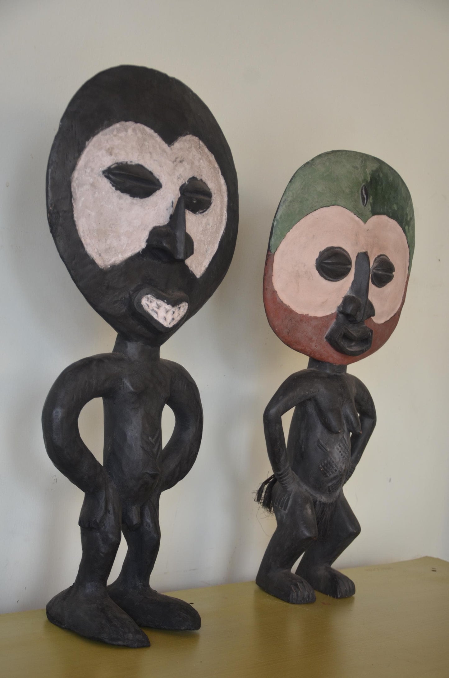Ashanti Fertility Figures Pair – 27" Hand-Carved Wood – Ghana Akua'ba Art