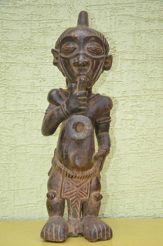 Bena Lulua Smoking Pipe Statue – 25" Congo Wood Carving – African Tribal Art