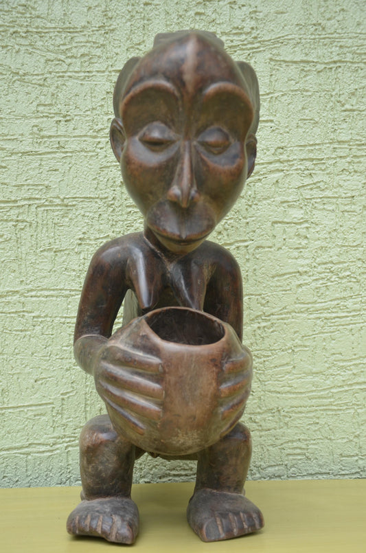 Luba Mboko Bowl Bearer Figure – 20" Congo Wood Statue – African Ancestor Art