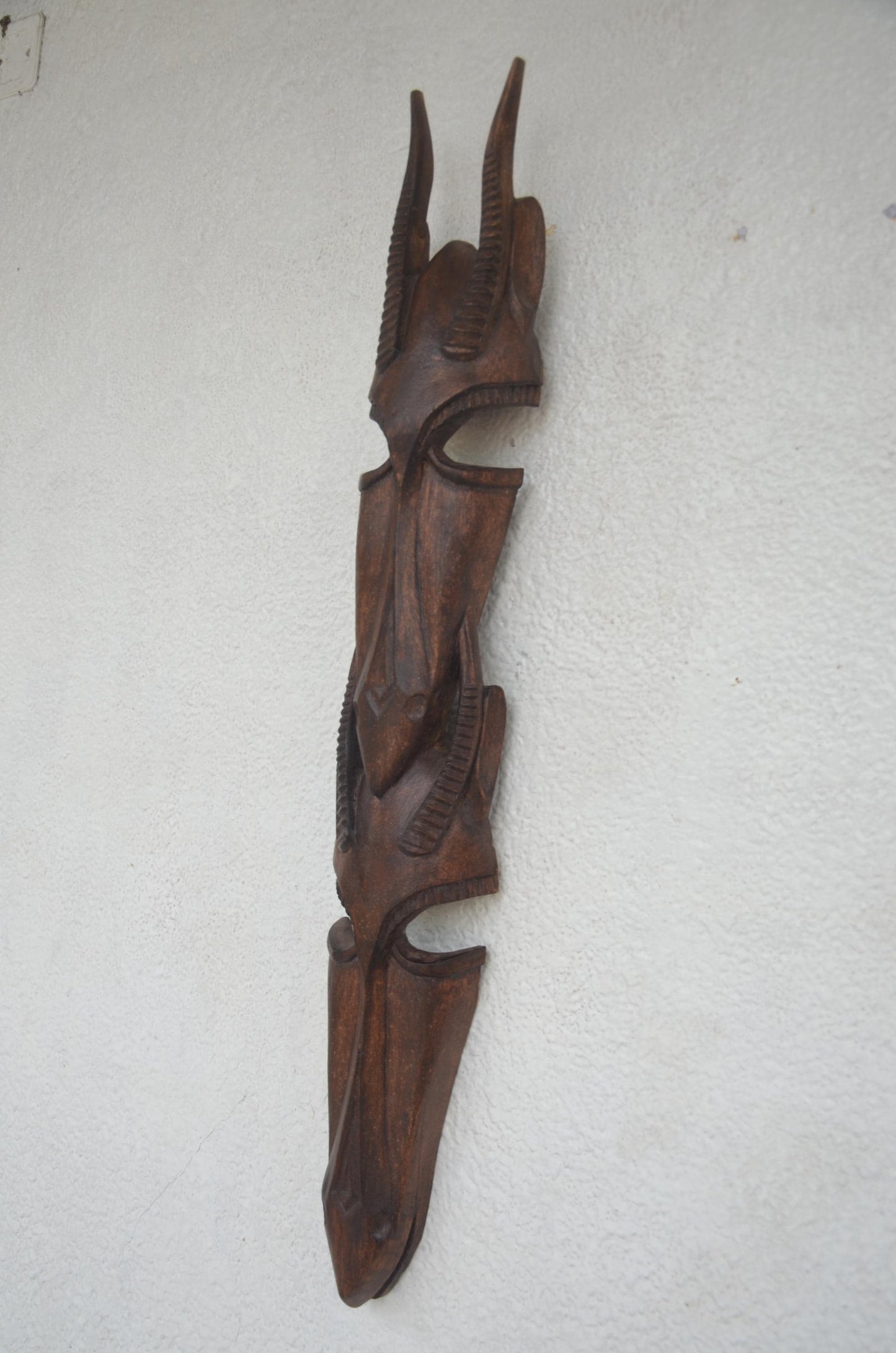 Stacked Janus Antelope Mask – 34" Rwanda Wood Wall Art – African Couple Decor