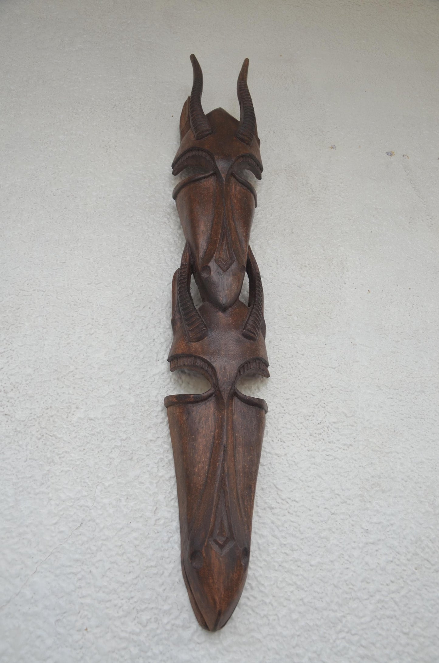 Stacked Janus Antelope Mask – 34" Rwanda Wood Wall Art – African Couple Decor