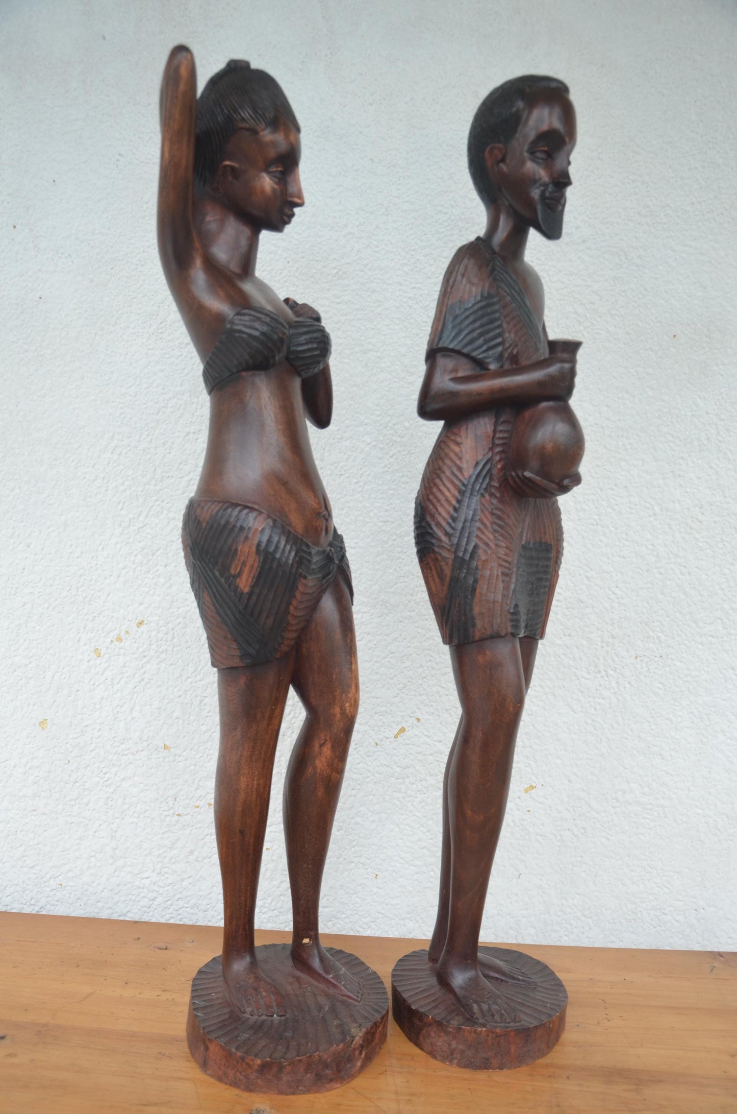 Basinga Couple Statue – 37" Rwanda Kingdom Wood Carving – Large Ancestor Art