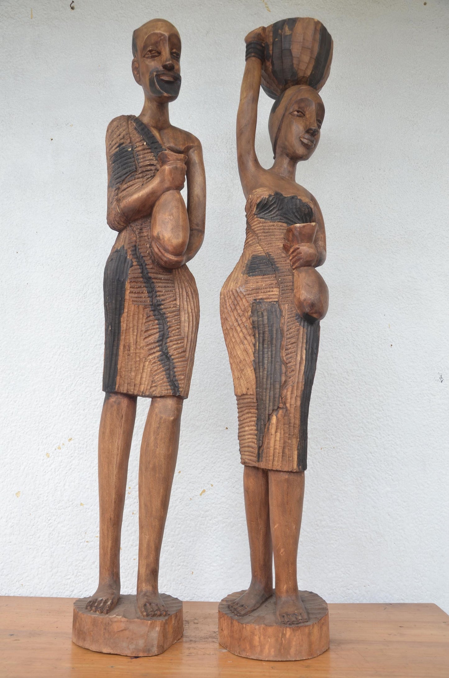 Huge 49" Rwanda Statue Couple – Hand-Carved Wood – African Ancestor Sculpture