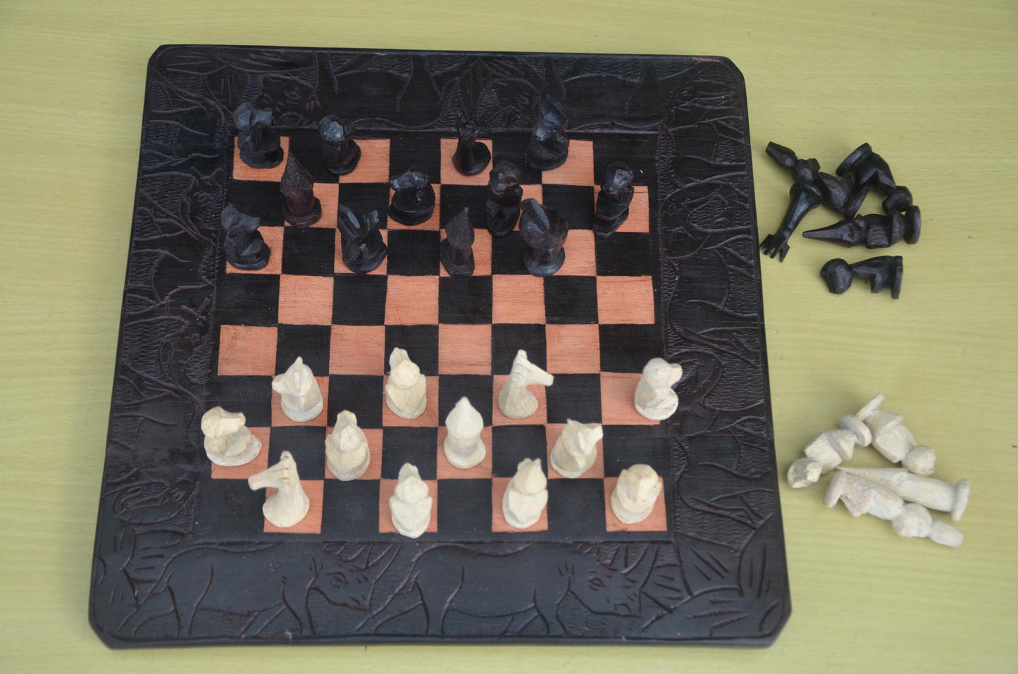 Makonde Wildlife Chess Set – 13" Hand-Carved Wood – Tanzania Artisan Game