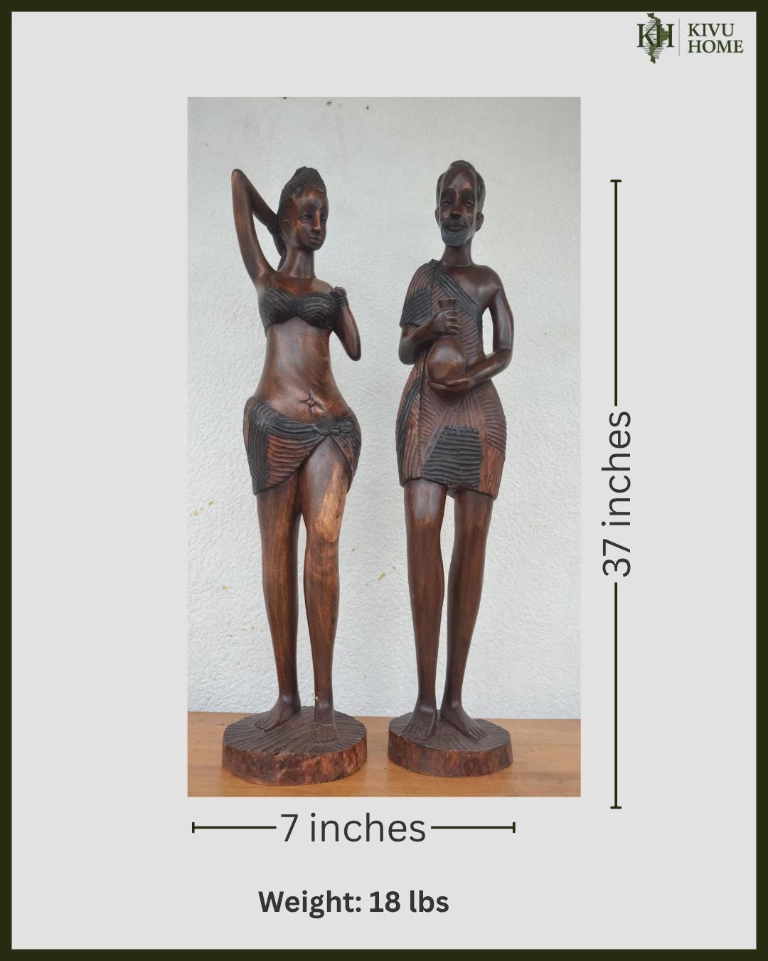 Basinga Couple Statue – 37" Rwanda Kingdom Wood Carving – Large Ancestor Art