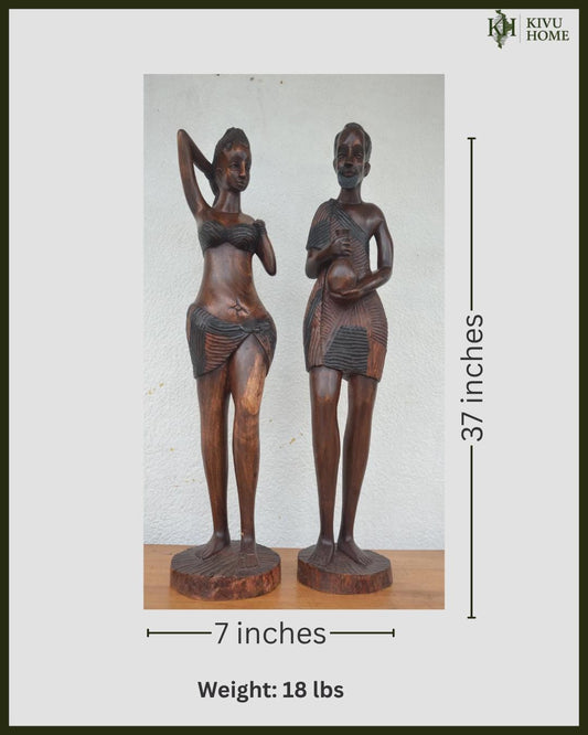 Basinga Couple Statue – 37" Rwanda Kingdom Wood Carving – Large Ancestor Art