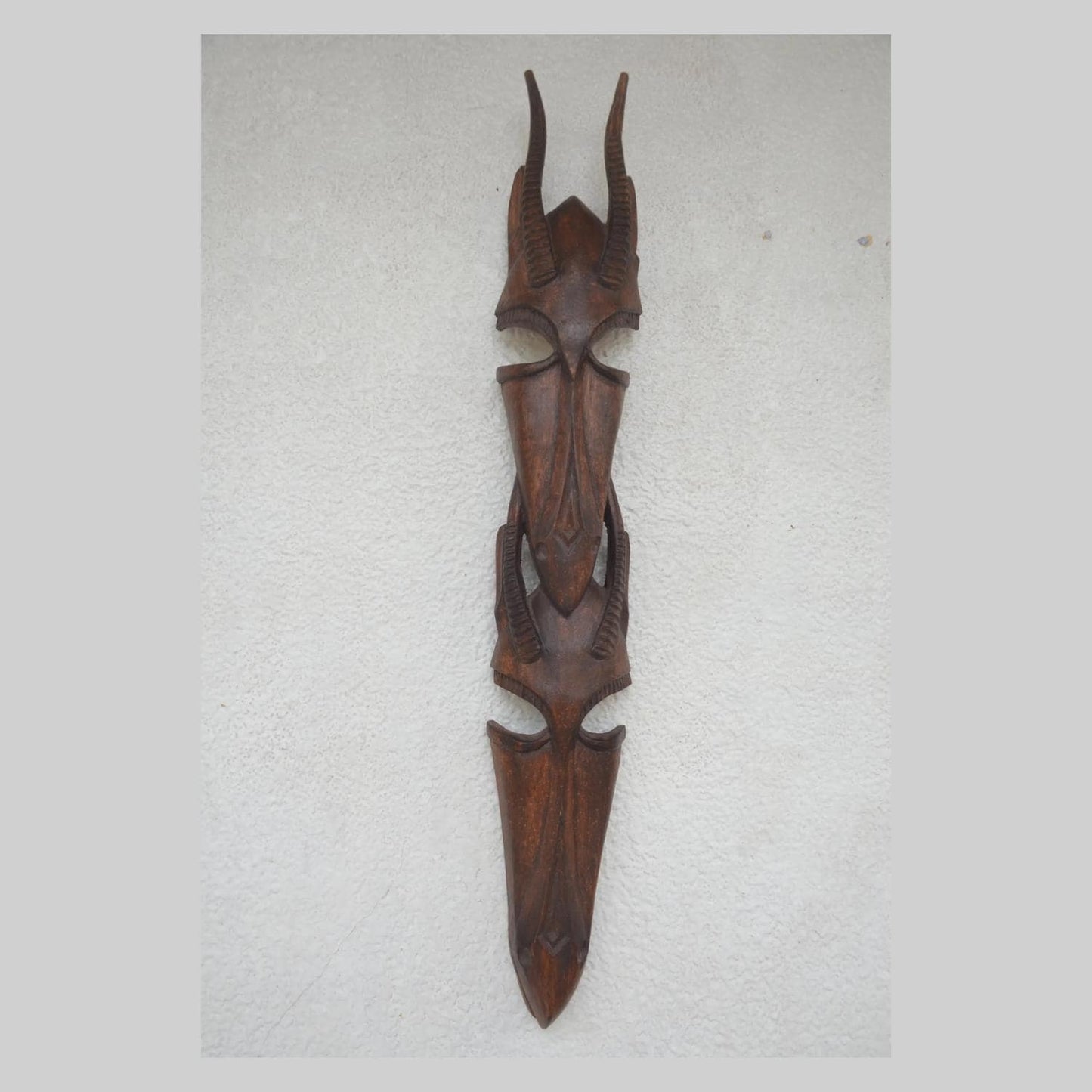 Stacked Janus Antelope Mask – 34" Rwanda Wood Wall Art – African Couple Decor