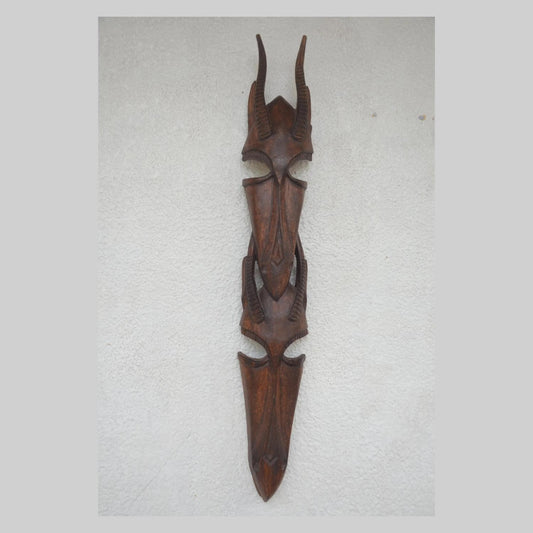 Stacked Janus Antelope Mask – 34" Rwanda Wood Wall Art – African Couple Decor