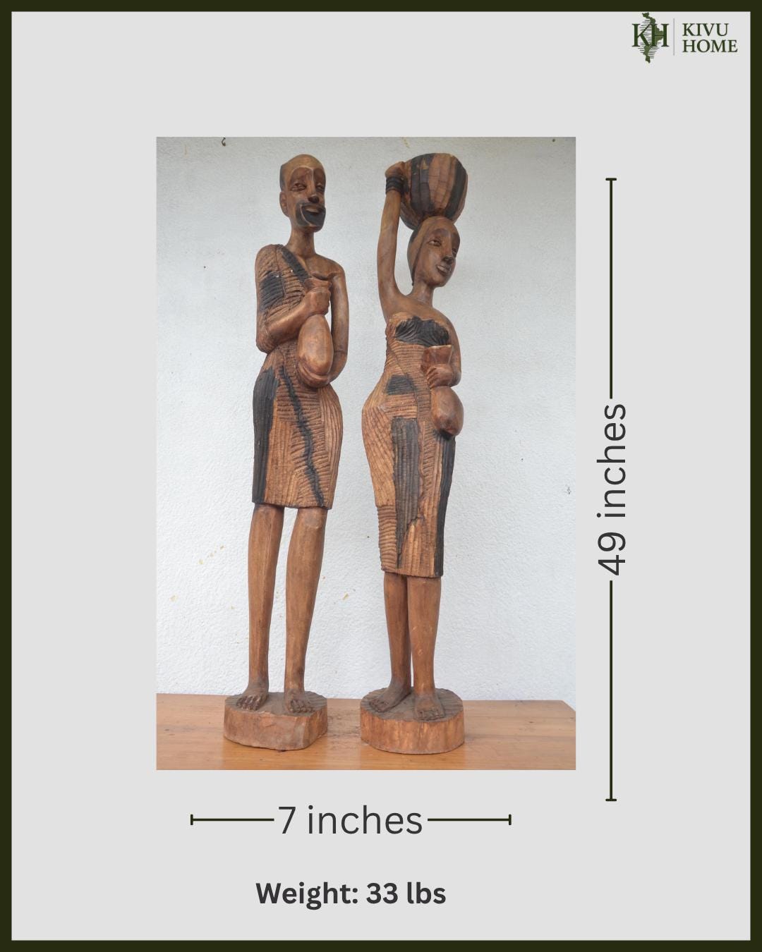 Huge 49" Rwanda Statue Couple – Hand-Carved Wood – African Ancestor Sculpture