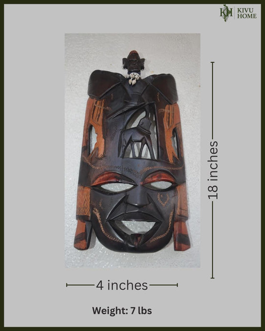 Vintage Maasai Ebony Wood Mask – 18" Hand-Carved African Face – Tribal Wall Art