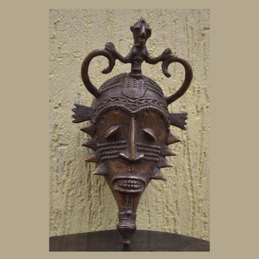 Baule Goli Bronze Mask – 15" Ivory Coast Metal Art – African Buffalo Spirit