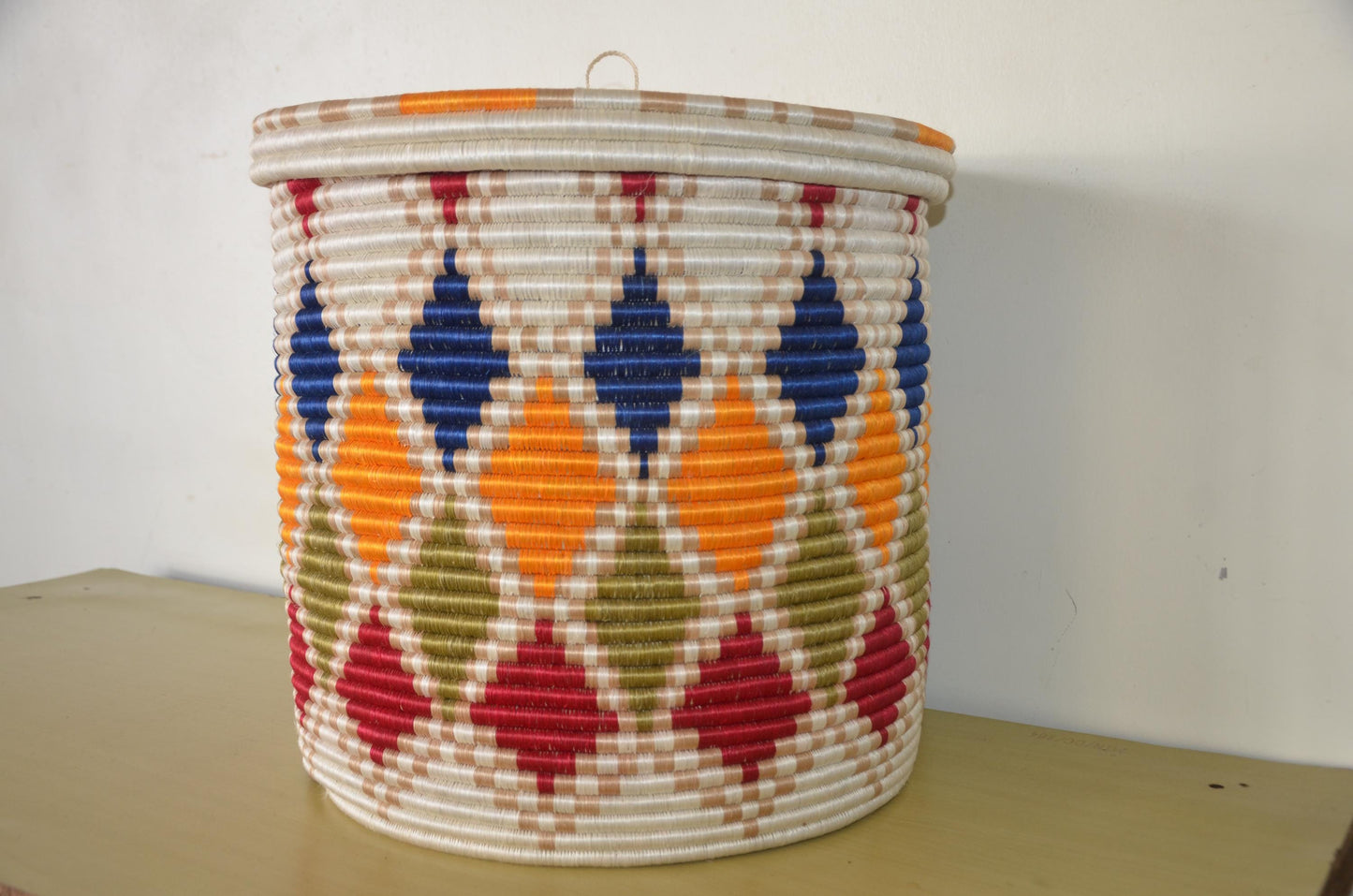 Large Rwandan Agaseke Basket – 18" Lidded Storage – Colorful Woven Peace Art