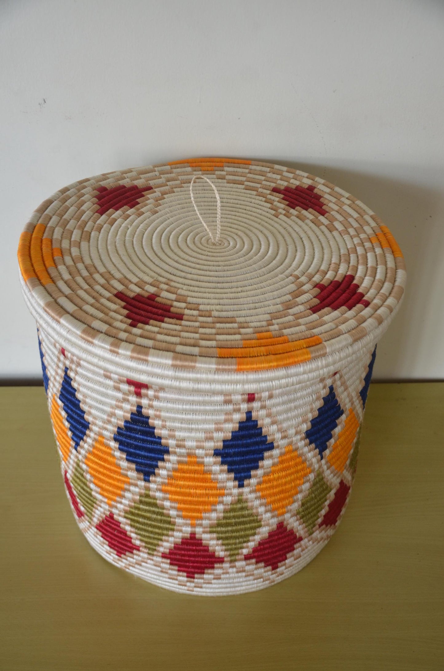 Large Rwandan Agaseke Basket – 18" Lidded Storage – Colorful Woven Peace Art