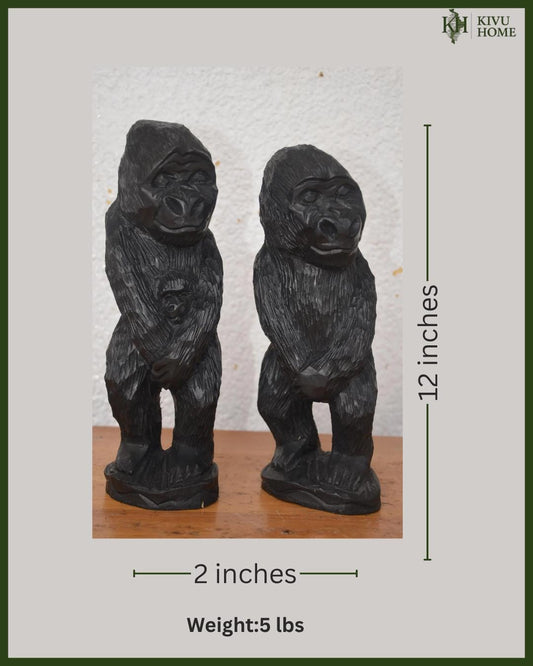 Rwandan Gorilla Couple – 12" Hand-Carved Wood – Volcanoes National Park Art