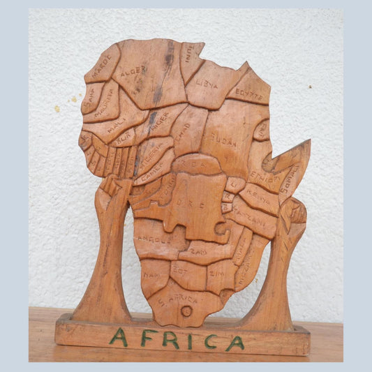African Continent Map – 16" Hand-Carved Wood – Minimalist Tribal Wall Art