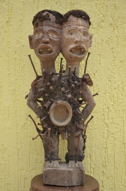 Nkisi Nkondi Power Figure – 22" Two-Headed Nail Fetish – Kongo Tribal Art