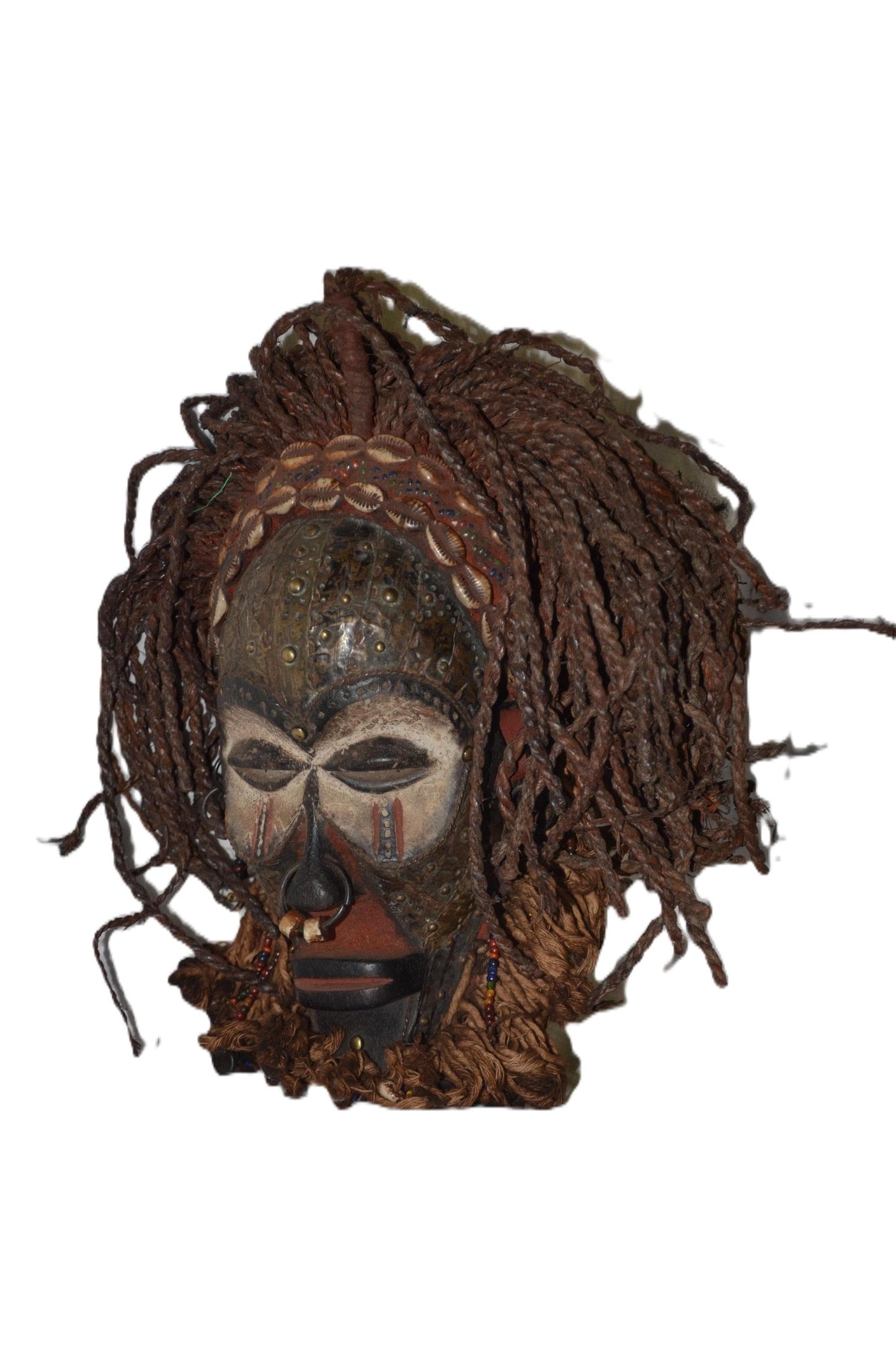 Chokwe Mwana Pwo Mask – 14" Beaded Fiber Hair – Congo Tribal Feminine Art