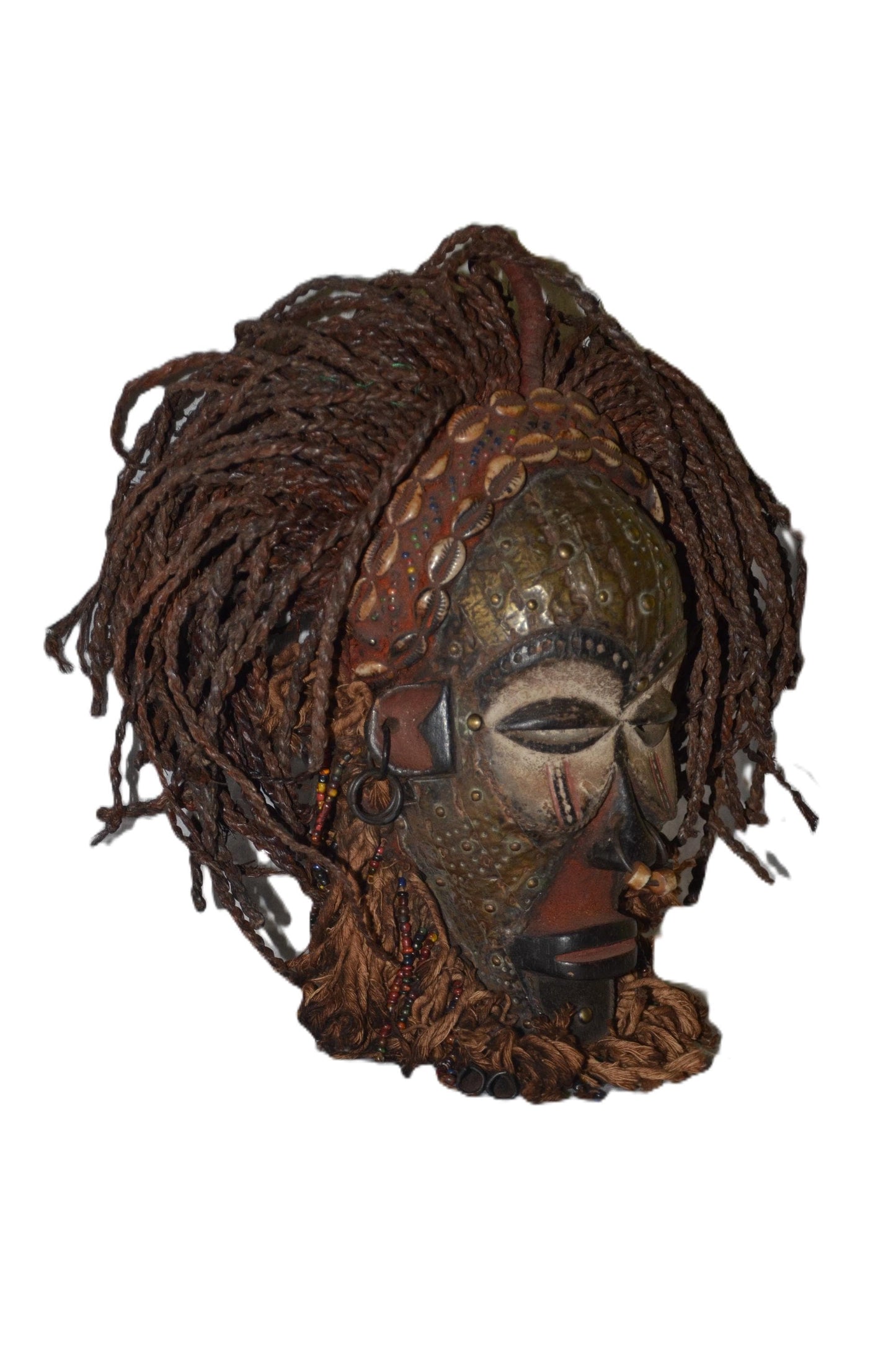 Chokwe Mwana Pwo Mask – 14" Beaded Fiber Hair – Congo Tribal Feminine Art