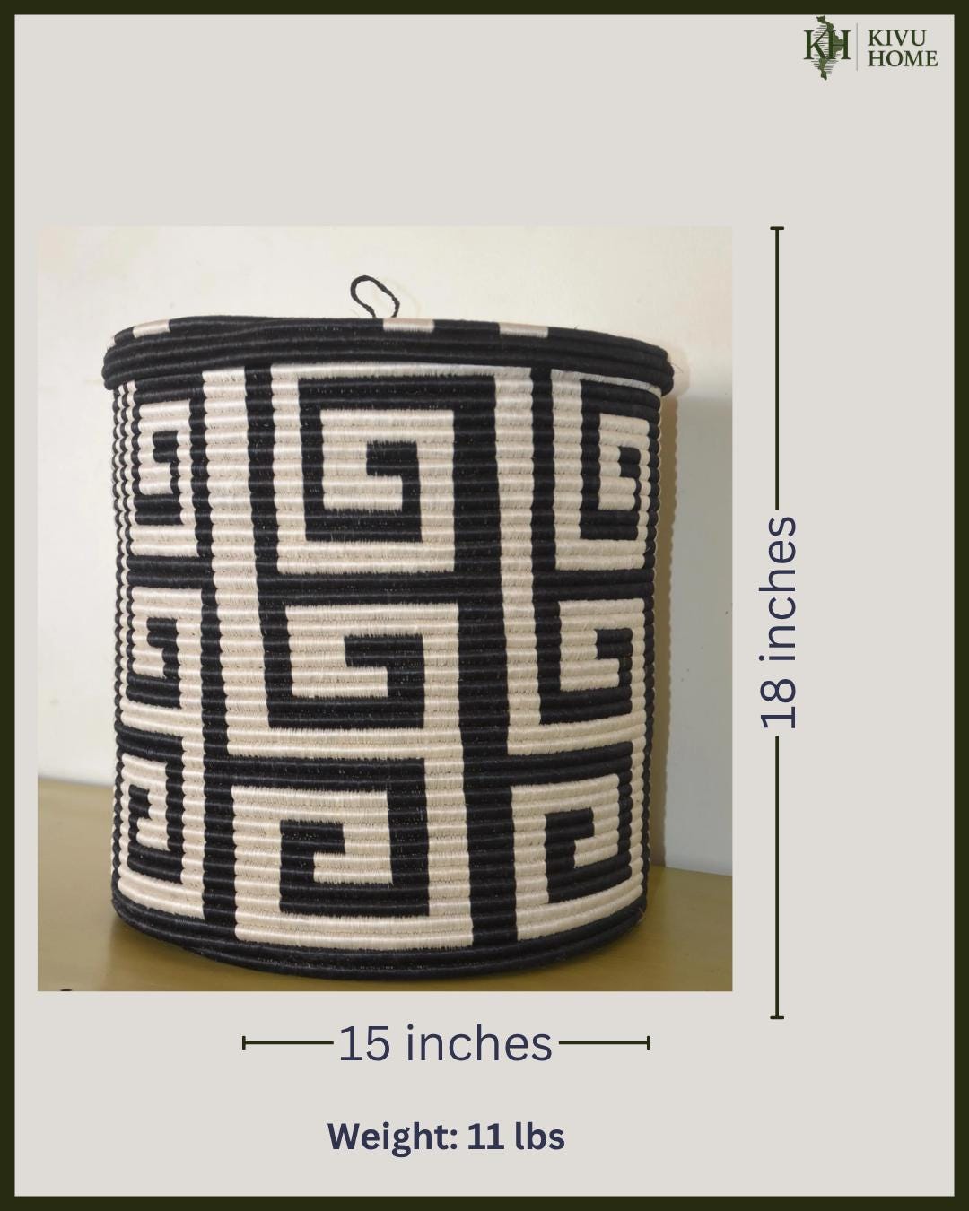Large Rwandan Agaseke Basket – 18" Lidded Storage – Black & White Woven Art