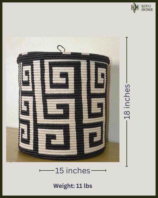 Large Rwandan Agaseke Basket – 18" Lidded Storage – Black & White Woven Art