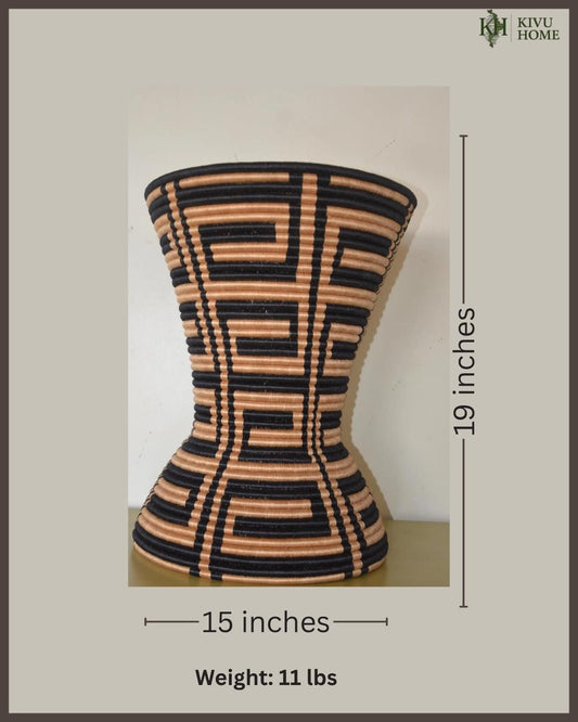 Rwandan Woven Hourglass Stand – 19" Black & Natural Pedestal – African Decor