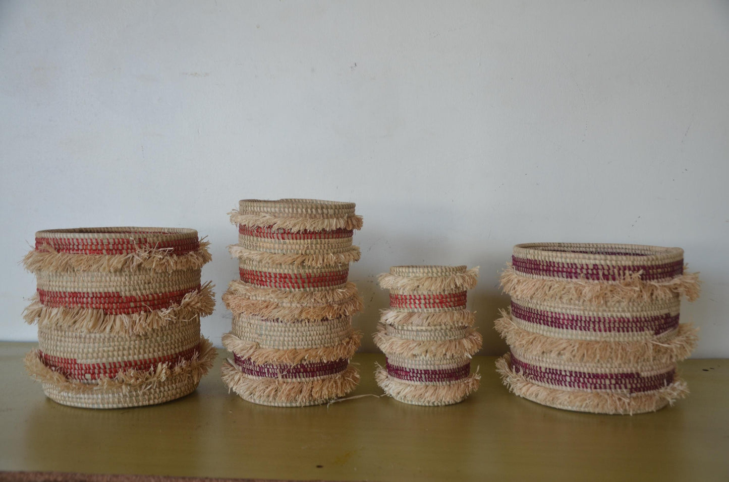 Handwoven Raffia Baskets Set | African Fringe Boho Home Decor Storage
