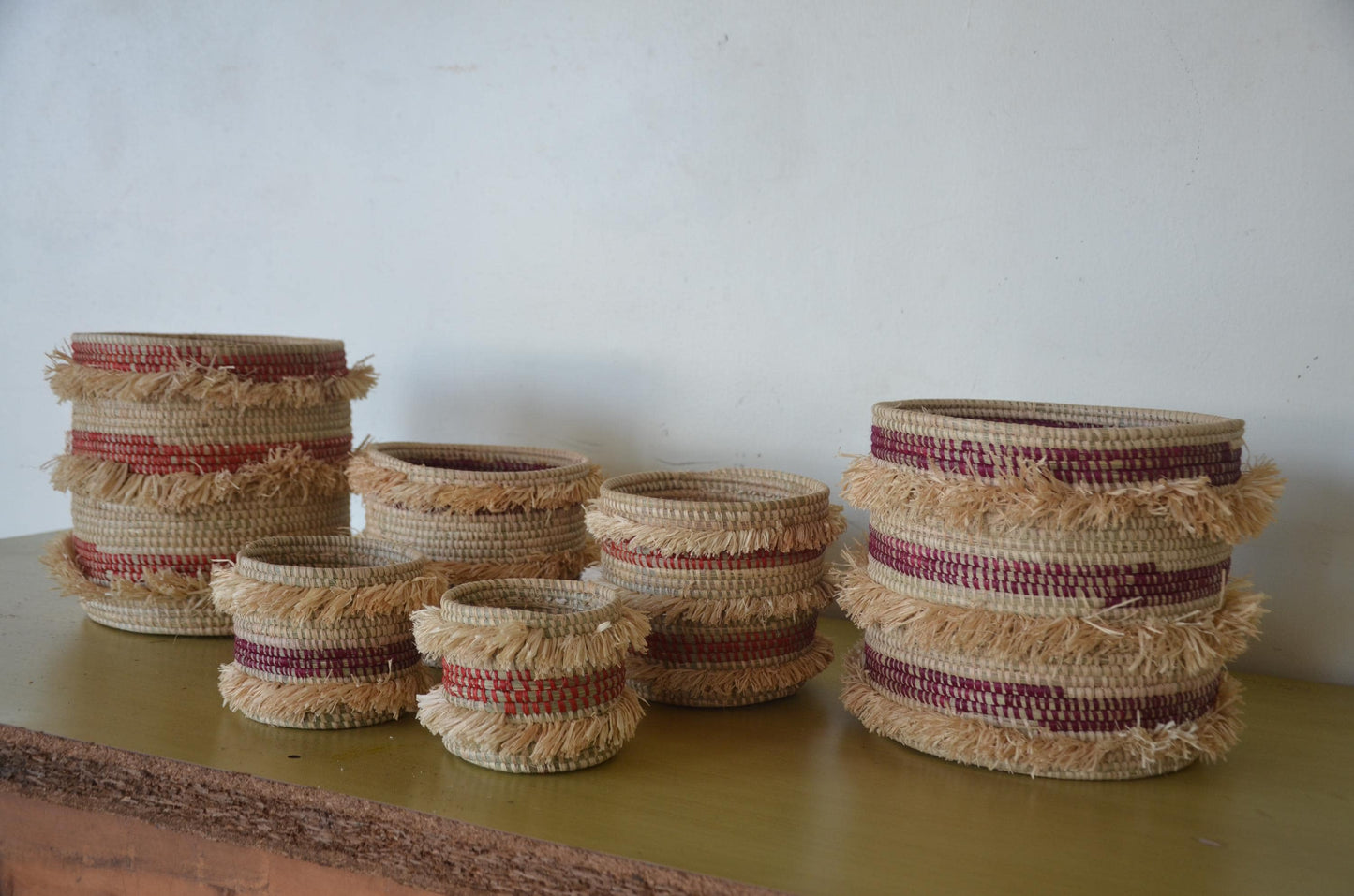 Handwoven Raffia Baskets Set | African Fringe Boho Home Decor Storage