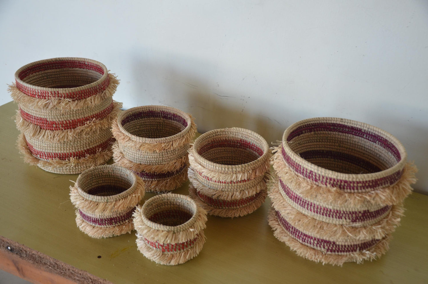 Handwoven Raffia Baskets Set | African Fringe Boho Home Decor Storage