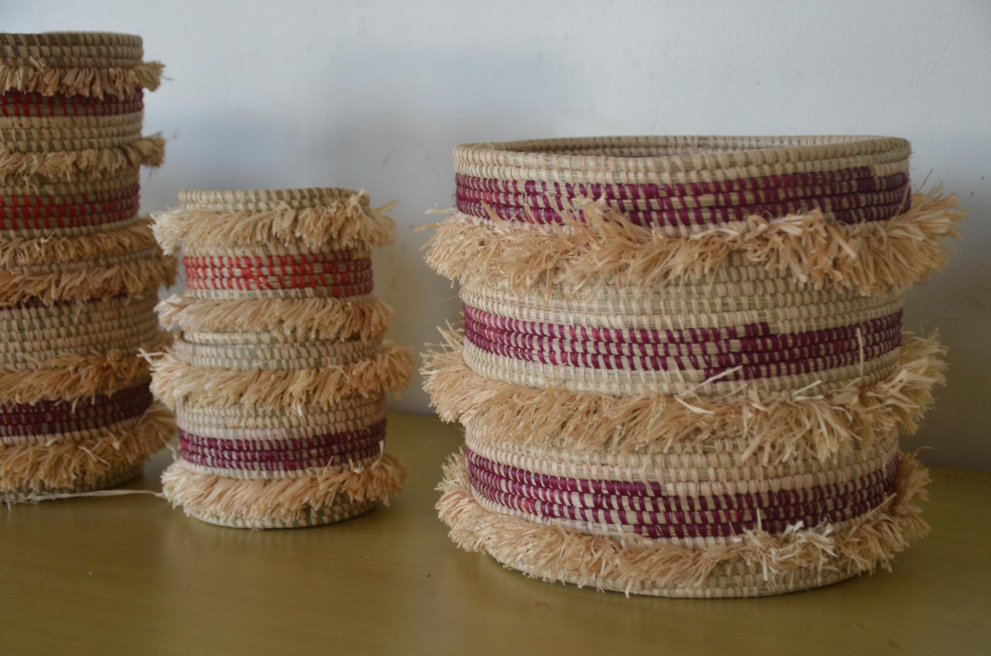 Handwoven Raffia Baskets Set | African Fringe Boho Home Decor Storage