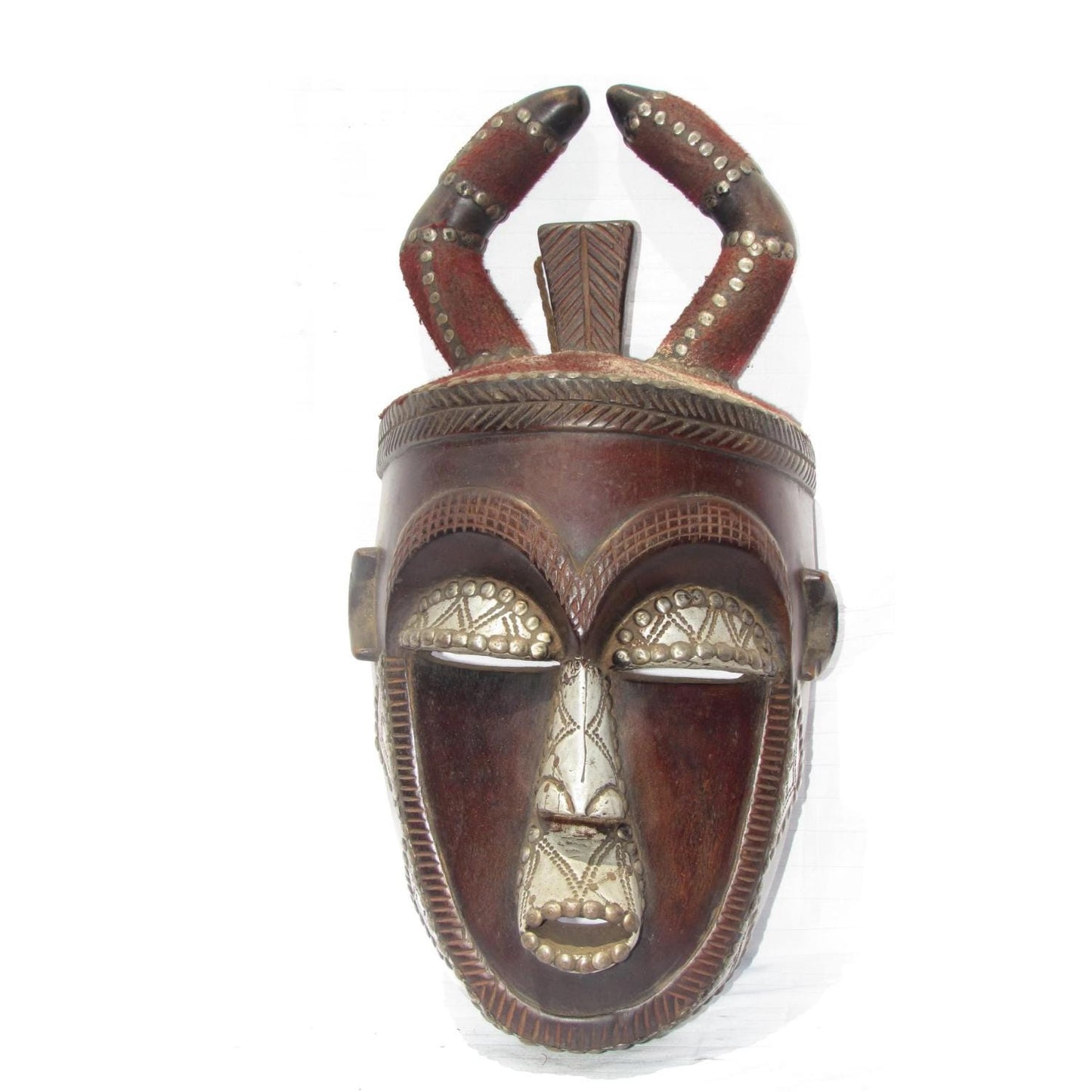 Antique Ngata Tribal Casque Mask – 19" Wood & Metal Helmet – Rare Congolese Art