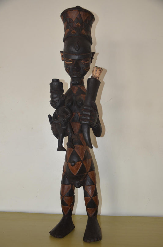 Large 39" Benelulua Maternity Figure – Hand-Carved Congo Wood – African Art