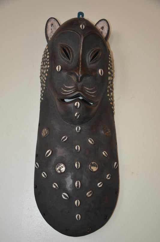 Edo Leopard Head Mask – 28" Hand-Carved Wood – Benin Kingdom African Art