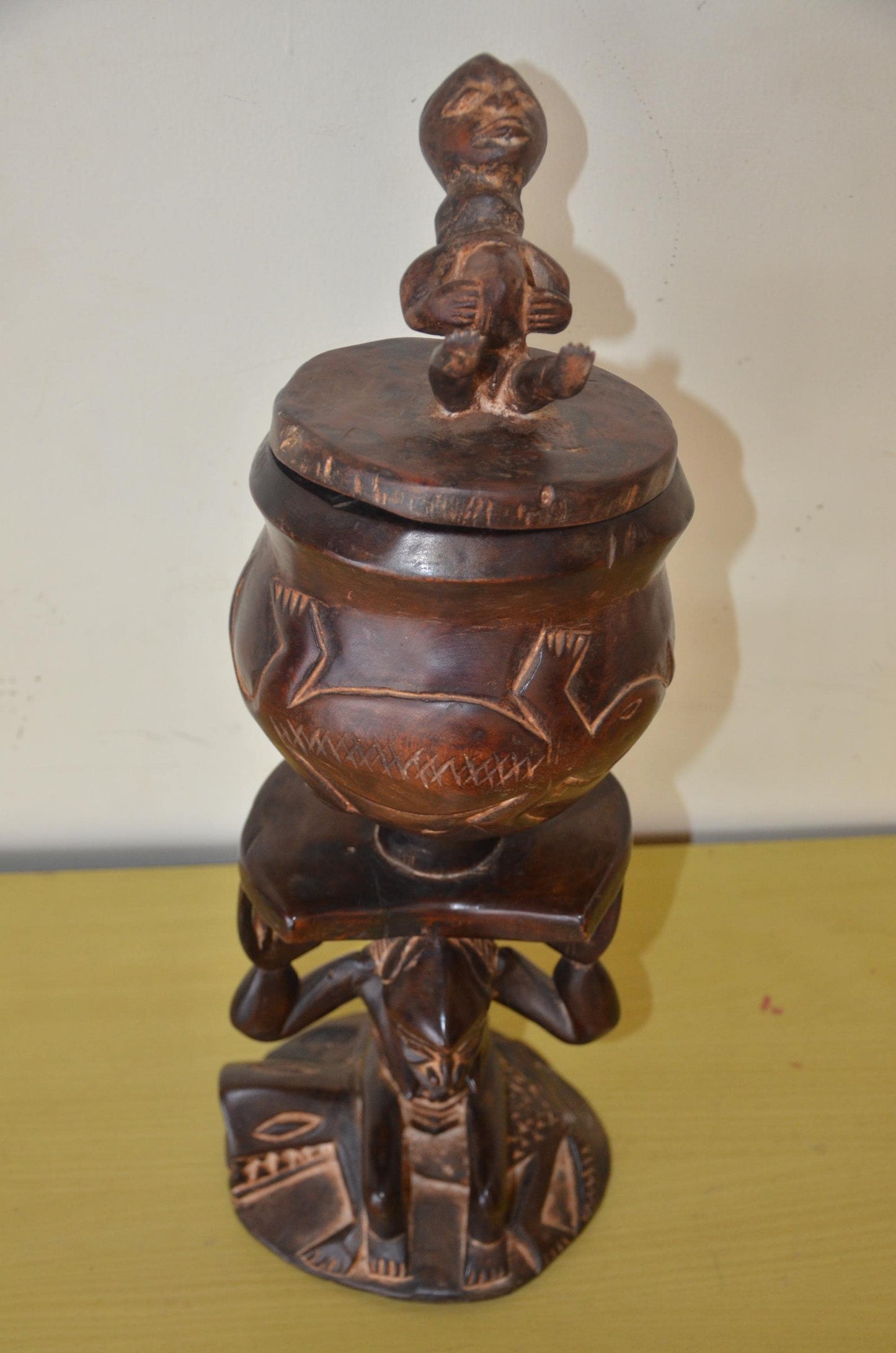 Hand Carved Luba Caryatid Offering Bowl – Authentic African Wood Sculpture, Traditional Tribal Art for Shelf or Statement Home Decor